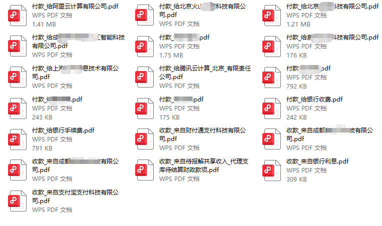 拆分后的 PDF 文件列表：付款_给某某公司、收款_来自某某公司